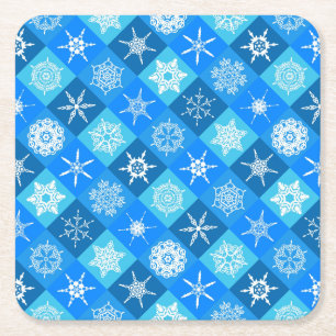 Posavasos Cuadrado De Papel Diseño de patrones de copos de nieve azul