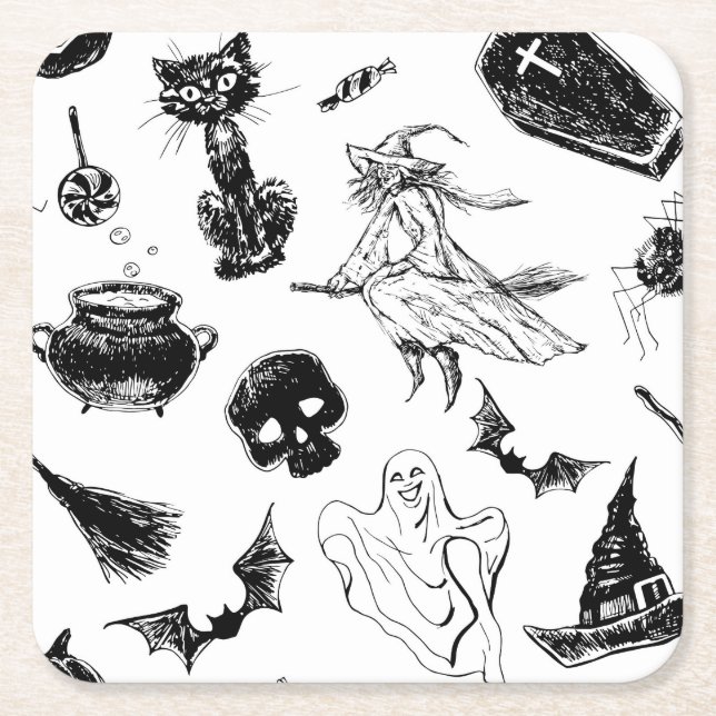 Posavasos Cuadrado De Papel Diseño de patrones de Halloween (Anverso)