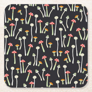 Posavasos Cuadrado De Papel Diseño de patrones vintage de hongos de otoño.