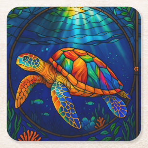 Posavasos Cuadrado De Papel Diseño de tortuga marina de vidrio tintado vibrant