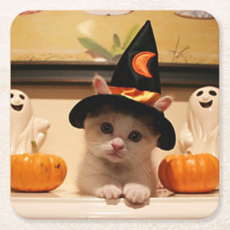 Posavasos Cuadrado De Papel Diseño del patrón de Kitten de Halloween