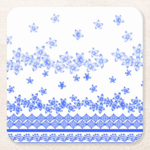 Posavasos Cuadrado De Papel Diseño floral azul y blanco,