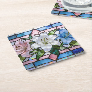 Posavasos Cuadrado De Papel Diseño floral de lirio de vidrio emplomado elegant