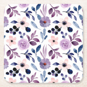 Posavasos Cuadrado De Papel Diseño floral delicado con hojas de lavanda navy
