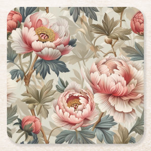 Posavasos Cuadrado De Papel Diseño floral elegante. peonías rosadas pálidas