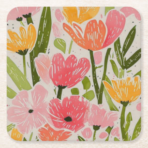 Posavasos Cuadrado De Papel Diseño floral moderno Retro Mid Century