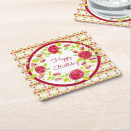 Posavasos Cuadrado De Papel Diseño floral rosa y borgoña en bonito