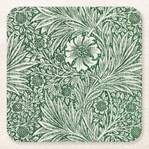 Posavasos Cuadrado De Papel diseño floral verde caléndula de william morris