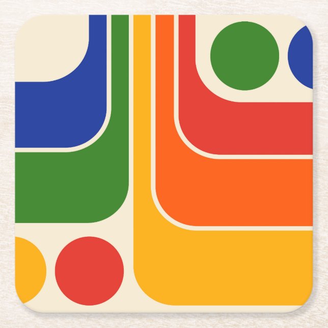 Posavasos Cuadrado De Papel Diseño geométrico de estilo retro de los años 70 (Anverso)