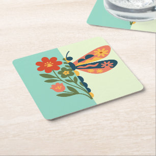 Posavasos Cuadrado De Papel Diseño gráfico de flor y mariposa colorido