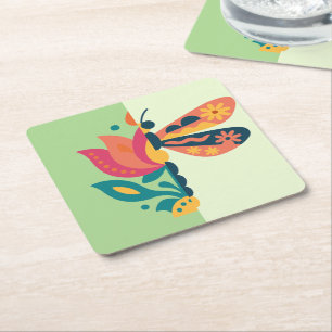 Posavasos Cuadrado De Papel Diseño gráfico de insecto y flor juguetón