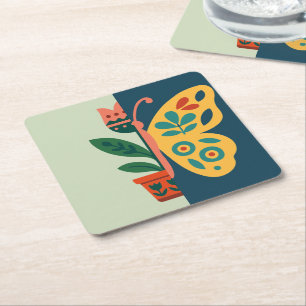 Posavasos Cuadrado De Papel Diseño gráfico dividido floral y mariposa colorido