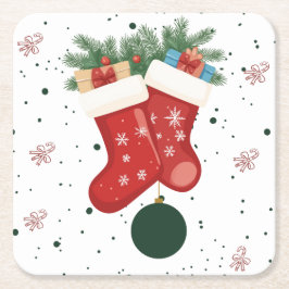 Posavasos Cuadrado De Papel Diseño navideño de calcetines y regalos de Navidad
