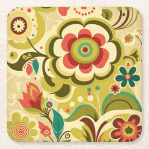 Posavasos Cuadrado De Papel Diseño retro vintage de luz floral verde