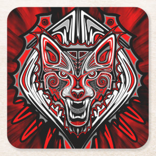 Posavasos Cuadrado De Papel Diseño Totémico Tribal Haida de Lobo