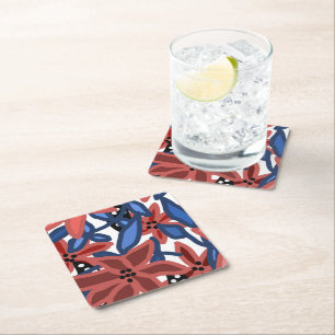 Posavasos Cuadrado De Papel Diseño tropical floral del Jardín Blanco Rojo Azul