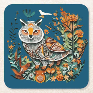 Posavasos Cuadrado De Papel Diseño único y floral de búho vintage