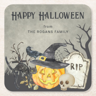Posavasos Cuadrado De Papel Disfraces espeluznantes y cócteles de Halloween