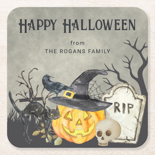 Posavasos Cuadrado De Papel Disfraces espeluznantes y cócteles Halloween (Anverso)