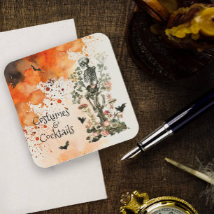 Posavasos Cuadrado De Papel Disfraces y cócteles embrujaron Halloween forestal