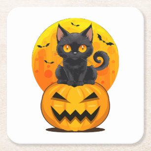 Posavasos Cuadrado De Papel Disfraz de Halloween de calabaza gato negro