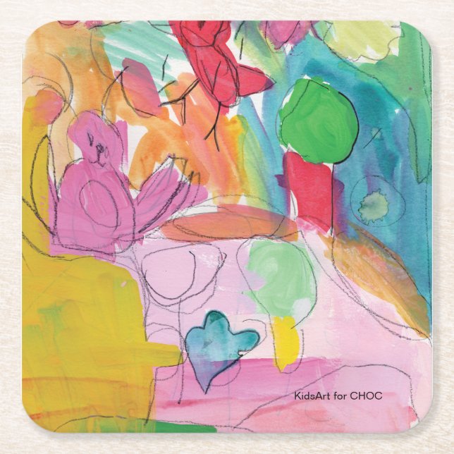 Posavasos Cuadrado De Papel Diversión de acuarela - KidsArt para CHOC (Anverso)
