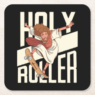 Posavasos Cuadrado De Papel Divertido Jesús de Patineta Holy Roller