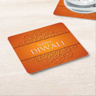 Posavasos Cuadrado De Papel Diwali elegante Naranja moderno Mandala amarillo