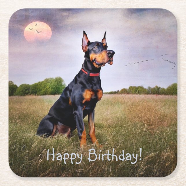 Posavasos Cuadrado De Papel Doberman Happy Birthday (Anverso)
