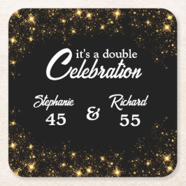 Posavasos Cuadrado De Papel Doble celebración conjunta cumpleaños dorado negro