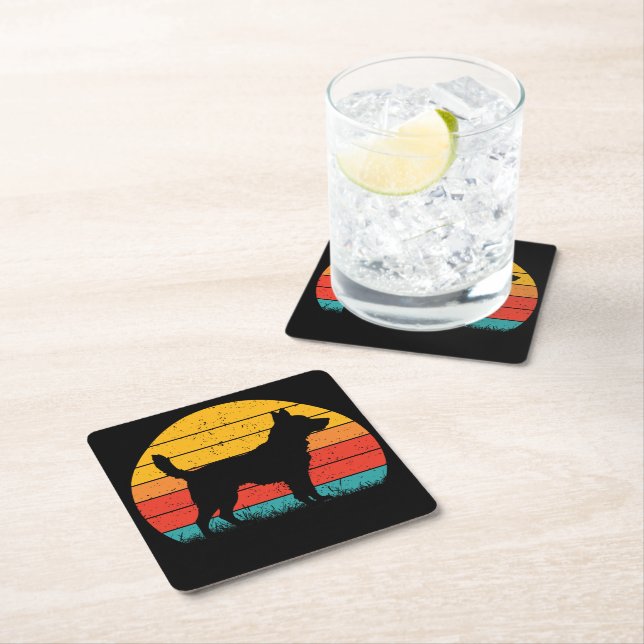 Posavasos Cuadrado De Papel Dog Silhouette at Sunset (In situ)