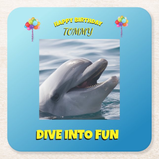Posavasos Cuadrado De Papel Dolphin Splash Birthday (Anverso)