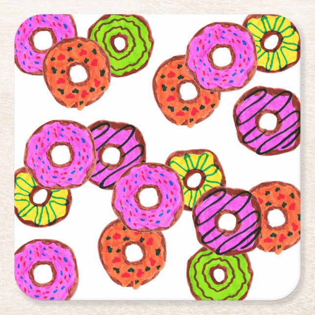 Posavasos Cuadrado De Papel donuts coloridos y espolvorosos (Anverso)