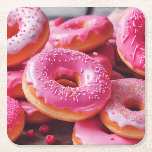 Posavasos Cuadrado De Papel Donuts de fresa rosada (Anverso)