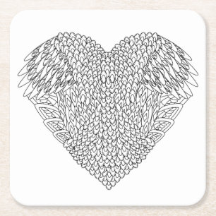 Posavasos Cuadrado De Papel Doodle con alas del corazón