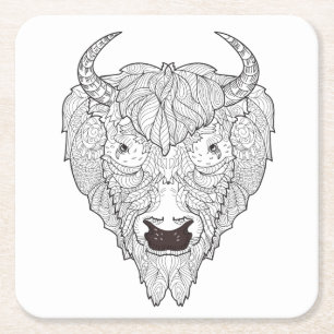 Posavasos Cuadrado De Papel Doodle de la cabeza del bisonte