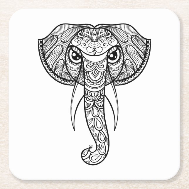 Posavasos Cuadrado De Papel Doodle de la cabeza del elefante (Anverso)