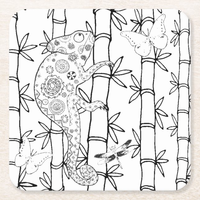 Posavasos Cuadrado De Papel Doodle del camaleón (Anverso)