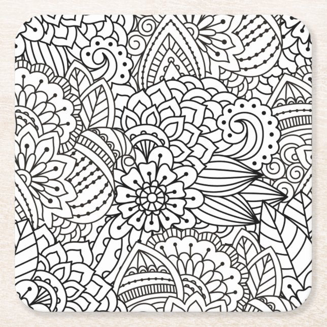 Posavasos Cuadrado De Papel Doodle del diseño floral (Anverso)