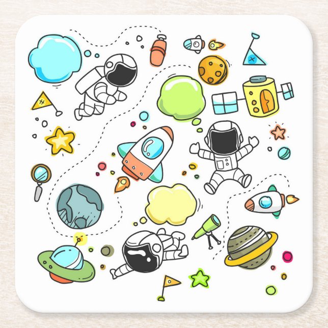 Posavasos Cuadrado De Papel Doodle espacial infantil muy lindo (Anverso)