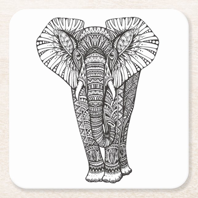 Posavasos Cuadrado De Papel Doodle modelado fantasía del elefante (Anverso)