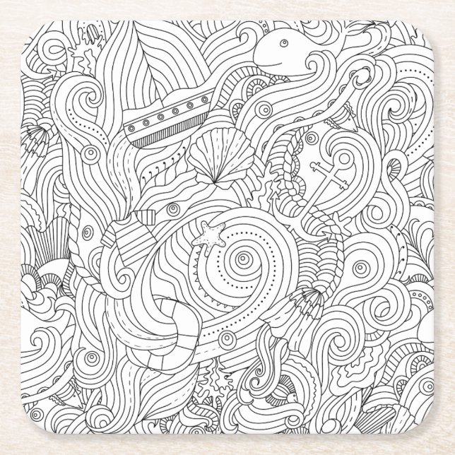 Posavasos Cuadrado De Papel Doodle náutico (Anverso)