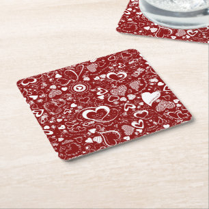 Posavasos Cuadrado De Papel Doodles De Amor Cardíaco Láminas Rojo-Blanco-Desec