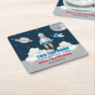 Posavasos Cuadrado De Papel Dos al niño de la luna cohete de espacio cumpleaño