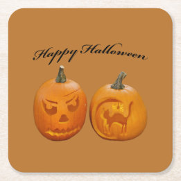 Posavasos Cuadrado De Papel Dos Calabazas Feliz Halloween