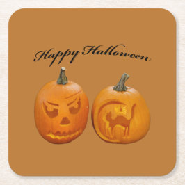 Posavasos Cuadrado De Papel Dos calabazas Feliz Halloween