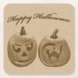 Posavasos Cuadrado De Papel Dos Calabazas Feliz Halloween