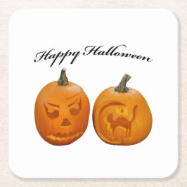 Posavasos Cuadrado De Papel Dos calabazas Feliz Halloween