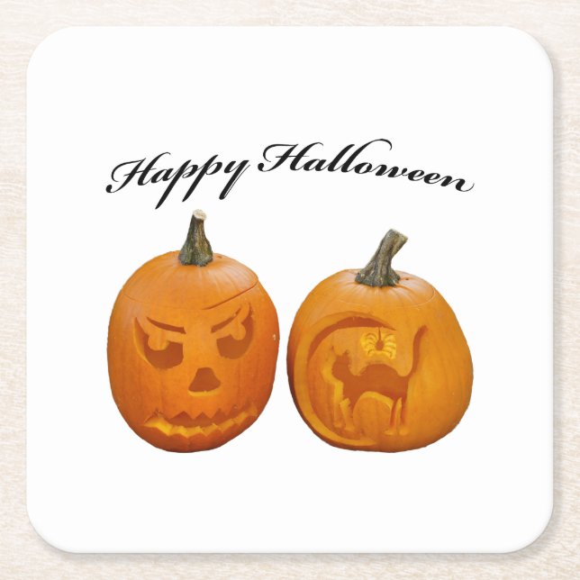 Posavasos Cuadrado De Papel Dos calabazas Feliz Halloween (Anverso)