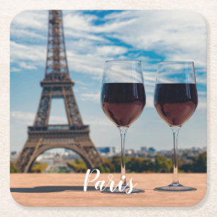 Posavasos Cuadrado De Papel Dos copas de vino con Torre Eiffel